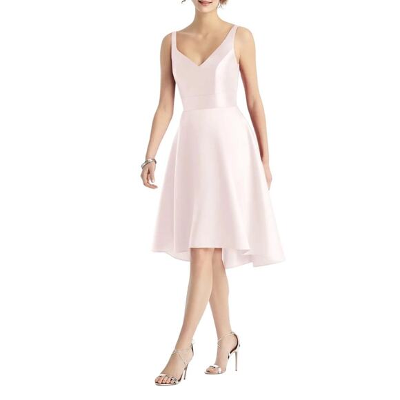 ALFRED SUNG High Low Satin Twill V Neck Dress in Blush - Picture 1 of 8